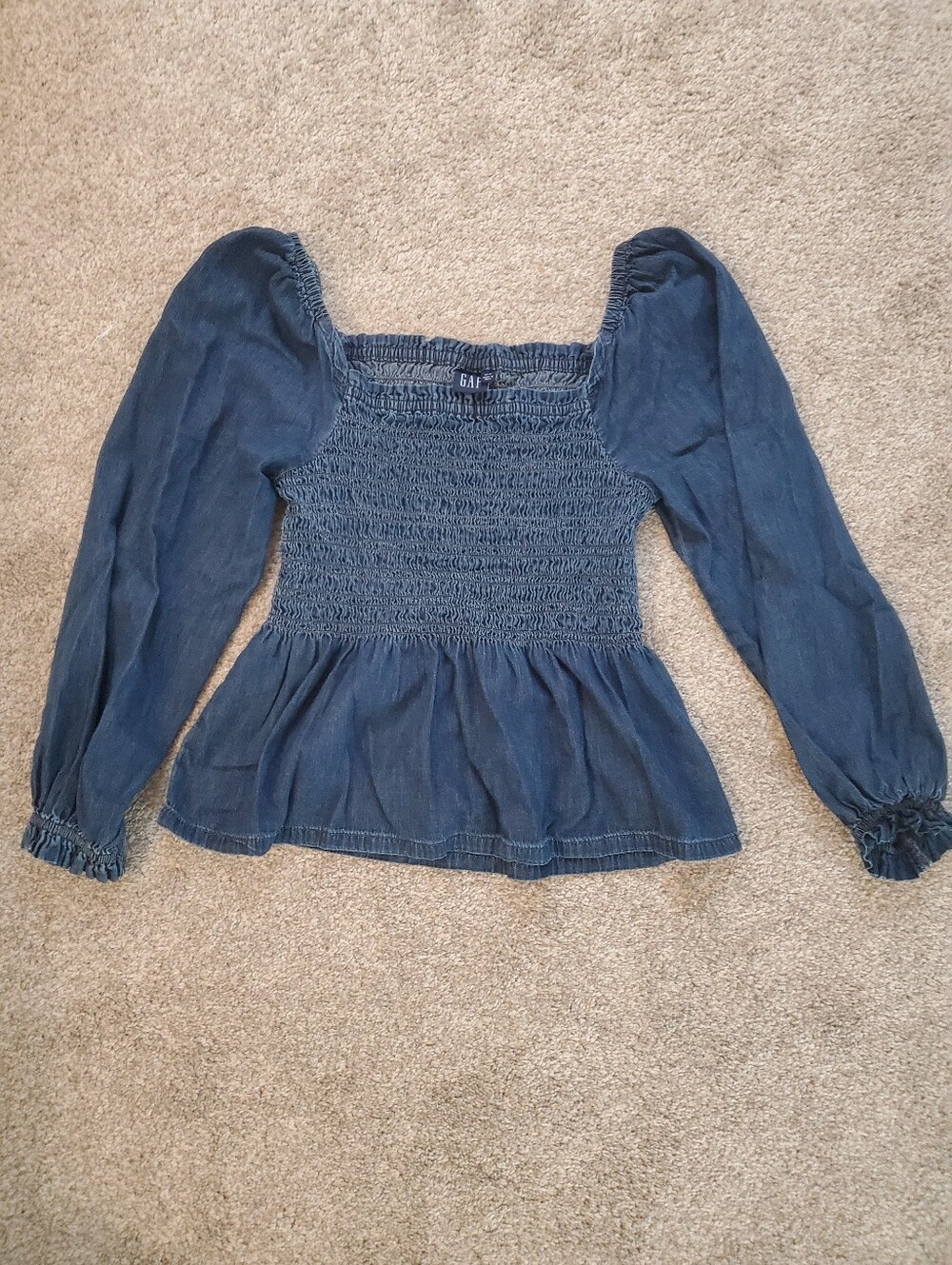 GAP Indigo Smocked Peplum Cotton Blend Chambray Top